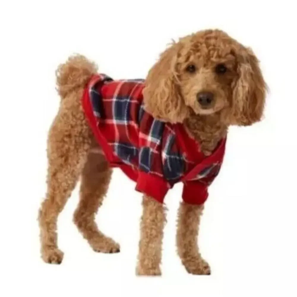 Eddie Bauer Dog Holiday Red Plaid Flannel Sweater LARGE Christmas Winter Picture